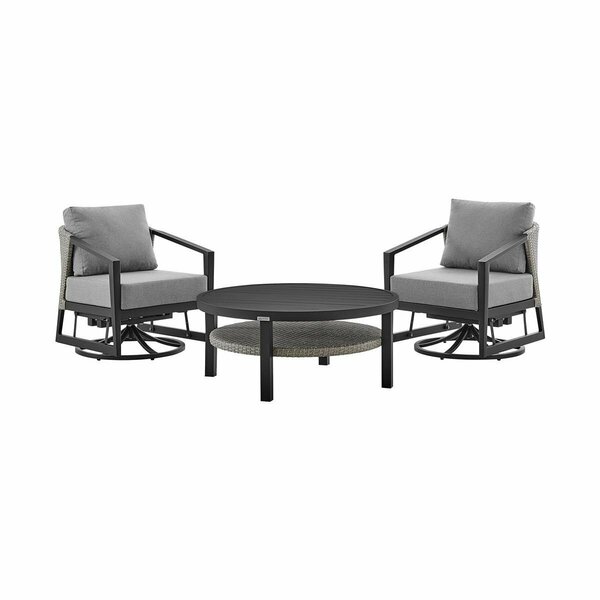 Armen Living Aileen 3 Piece Patio Outdoor Swivel Seating Set in Black Aluminum with Grey Wicker and Cushions 840254332645